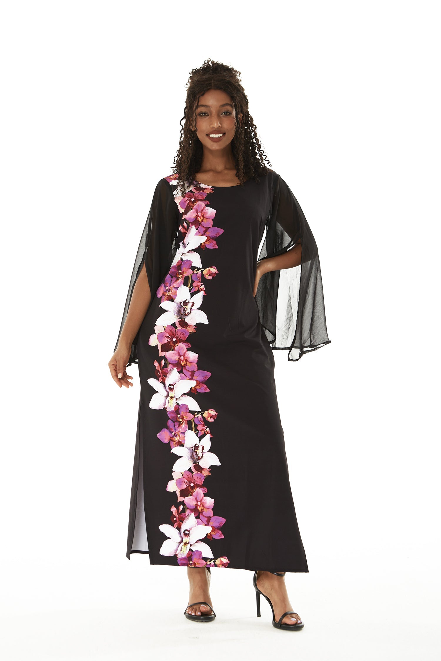 Women's Maxi Tank Dress with Sleeves in Watercolor Orchid in Black with Pink