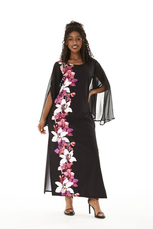 Women's Maxi Tank Dress with Sleeves in Watercolor Orchid in Black with Pink