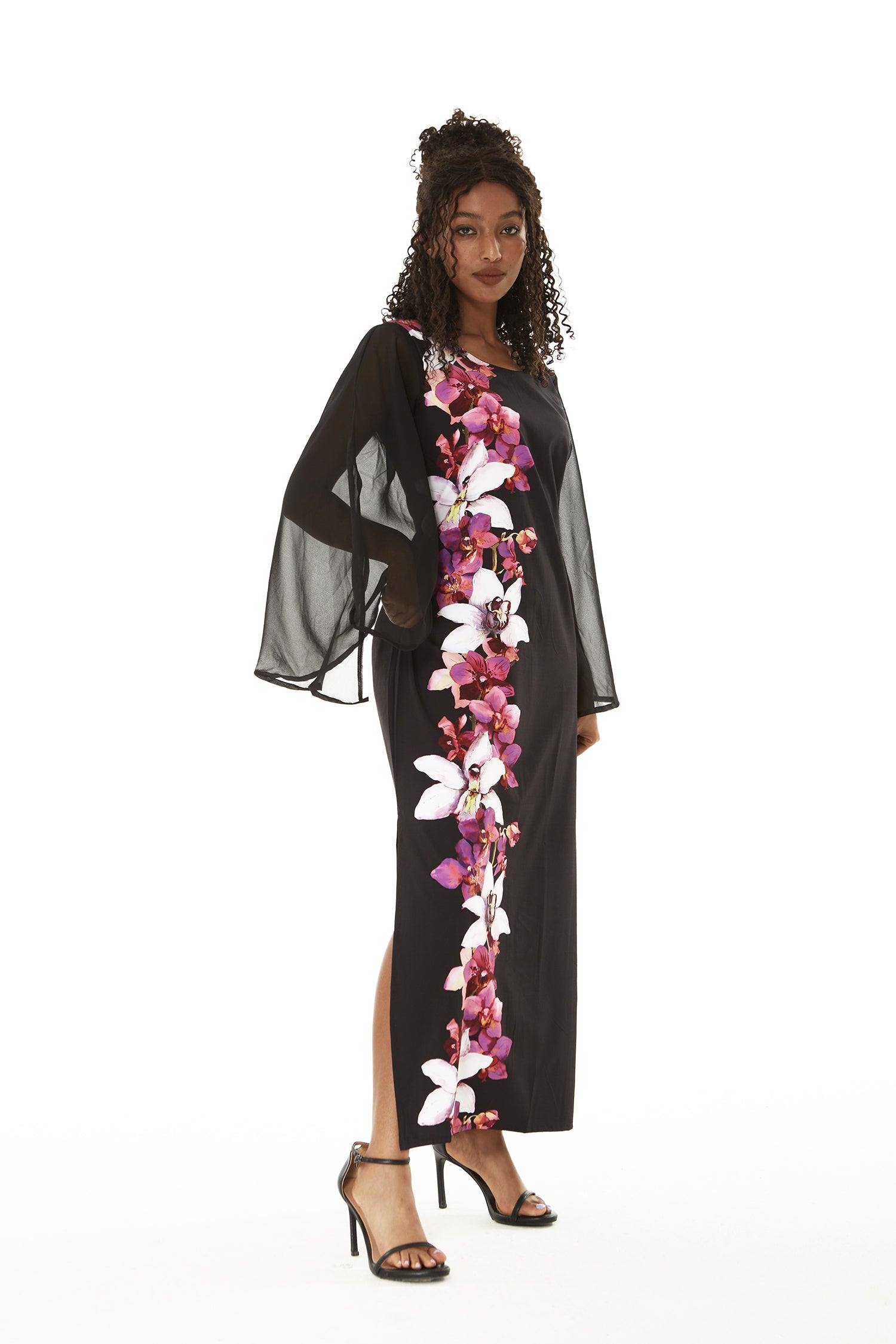 Women's Maxi Tank Dress with Sleeves in Watercolor Orchid in Black with Pink