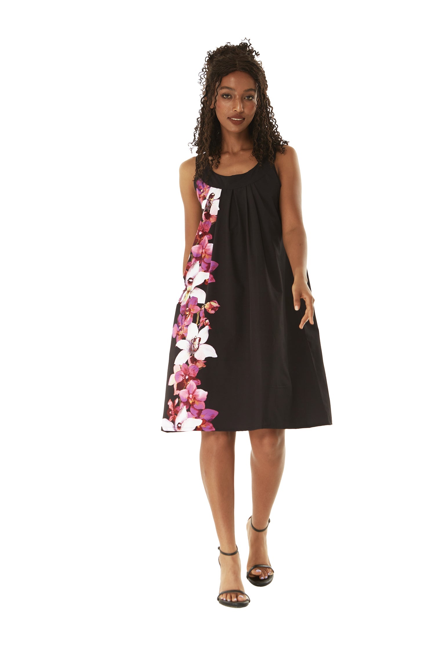 Women's Round Neck Shift Dress in Watercolor Orchid in Black with Pink