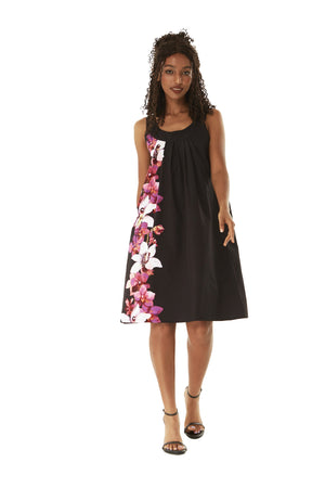 Women's Round Neck Shift Dress in Watercolor Orchid in Black with Pink