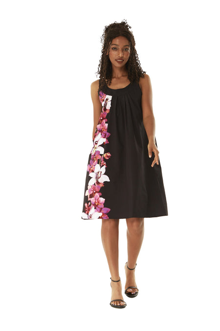 Women's Round Neck Shift Dress in Watercolor Orchid in Black with Pink