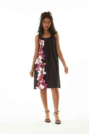 Women's Round Neck Shift Dress in Watercolor Orchid in Black with Pink