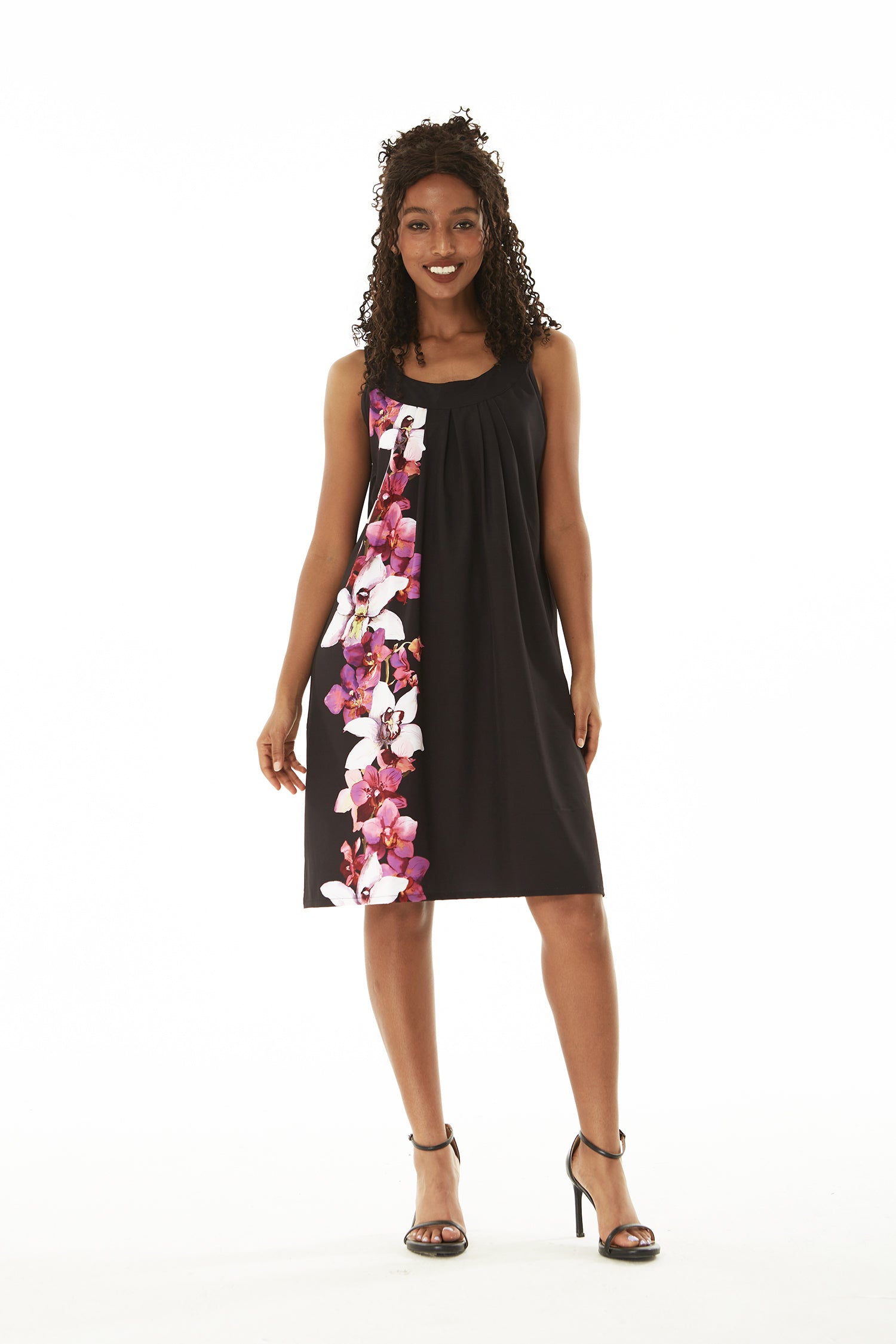 Women's Round Neck Shift Dress in Watercolor Orchid in Black with Pink