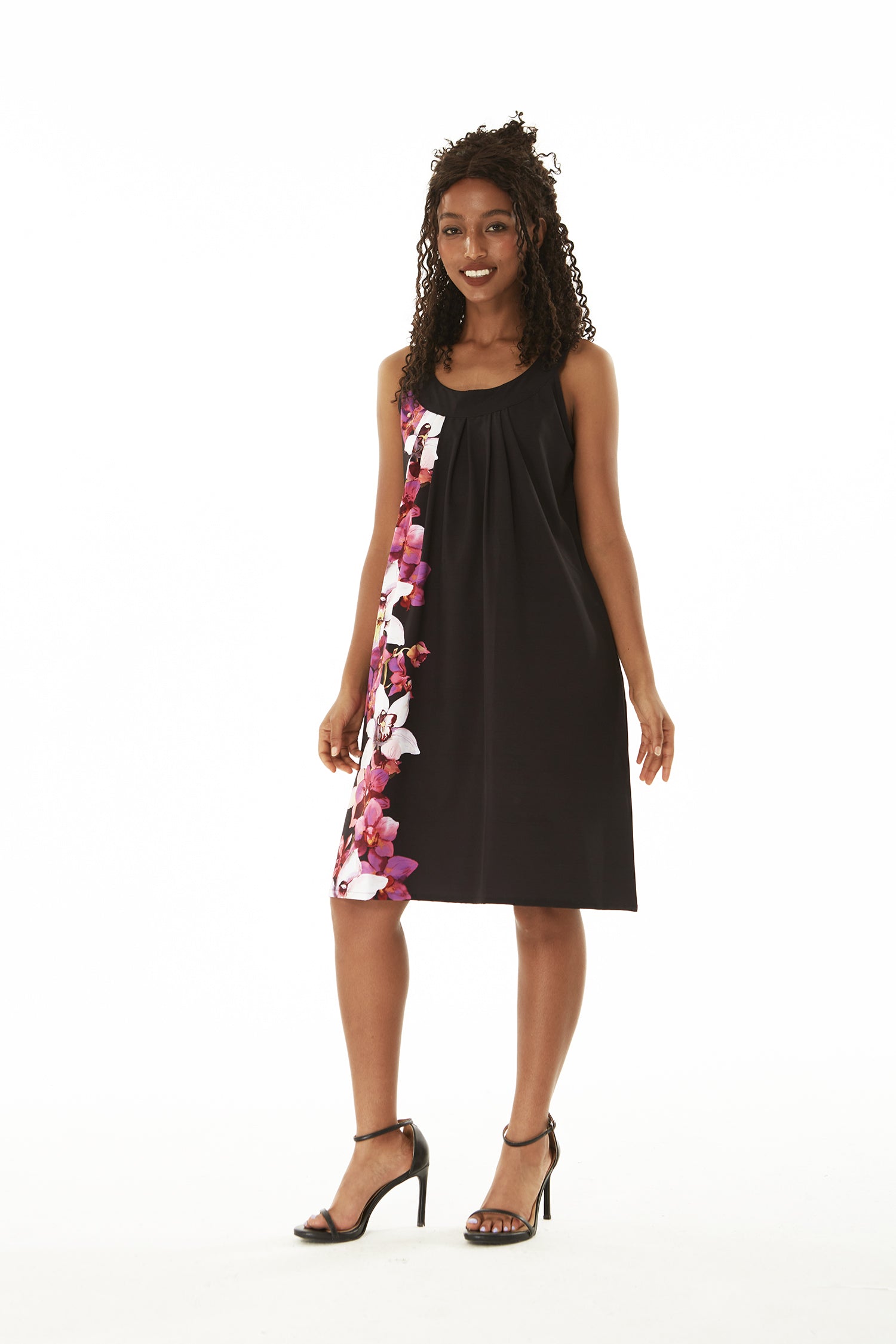 Women's Round Neck Shift Dress in Watercolor Orchid in Black with Pink