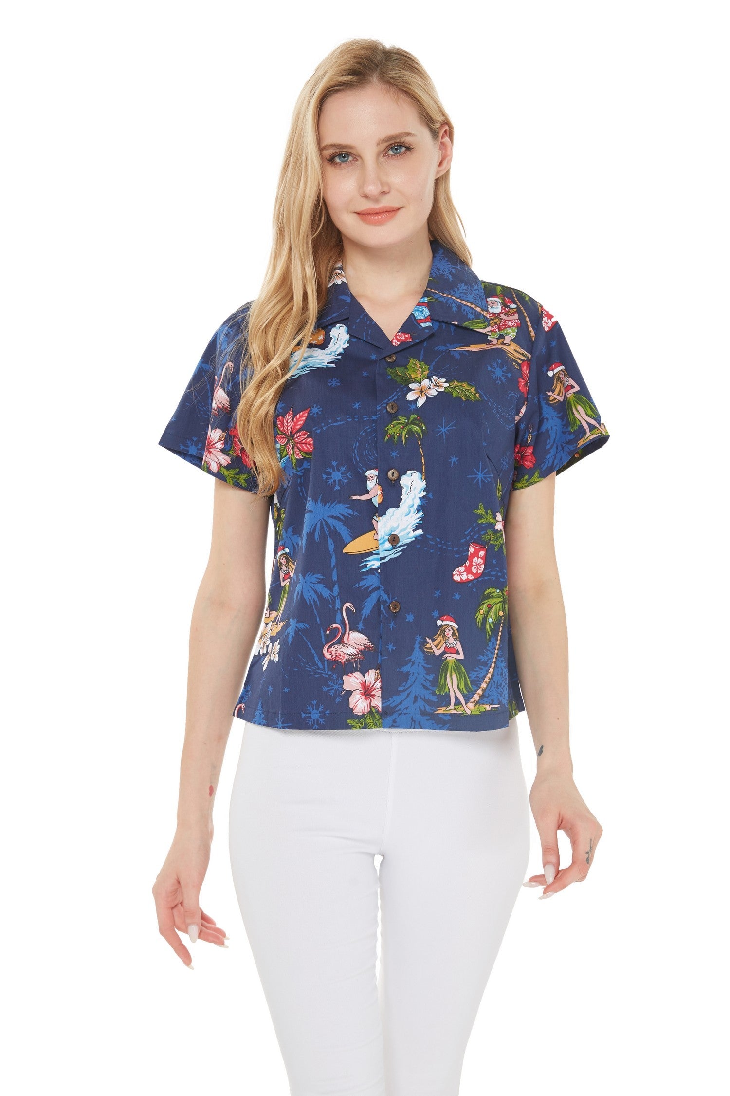 Women's Lady Aloha Shirt in Christmas Navy