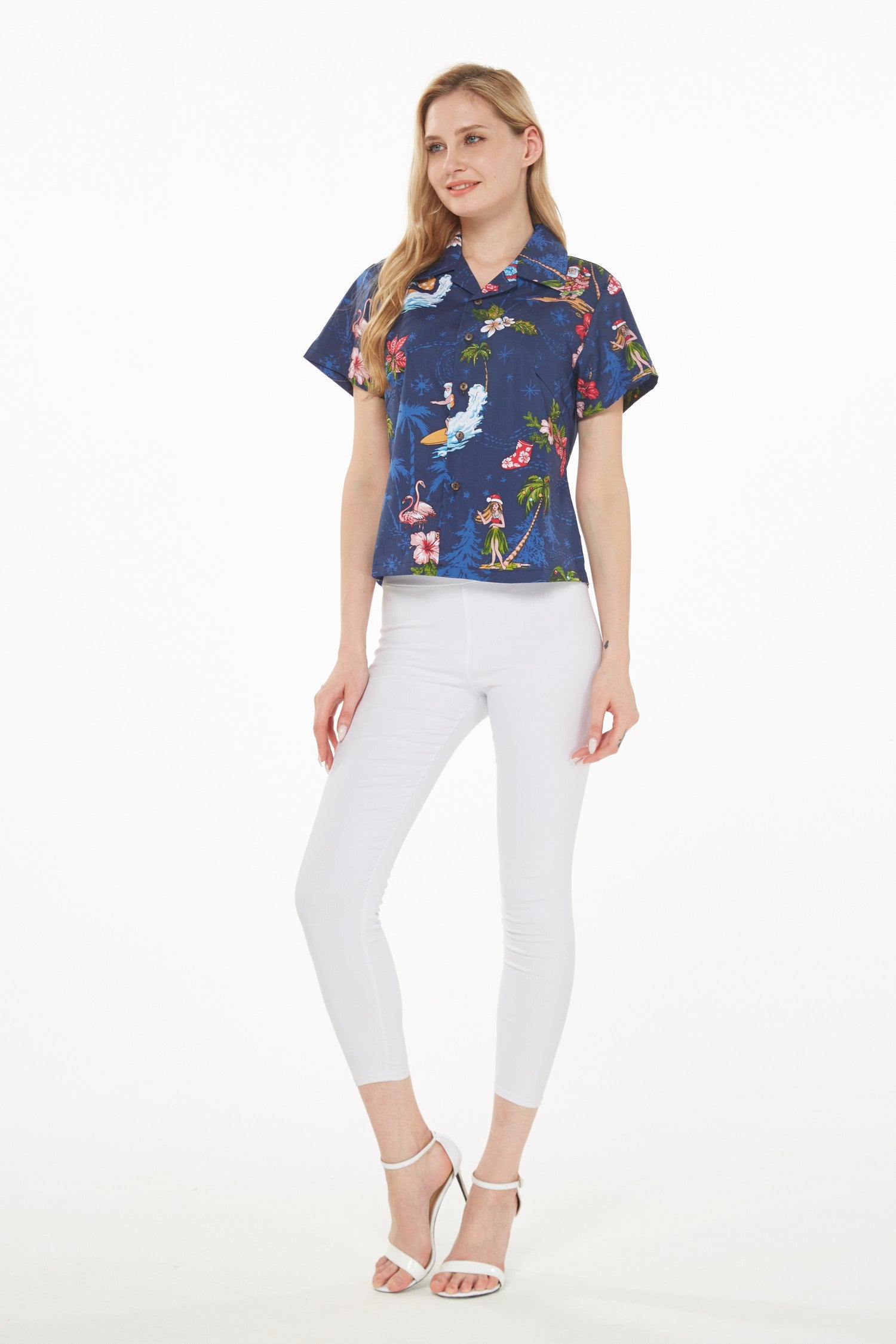Women's Lady Aloha Shirt in Christmas Navy