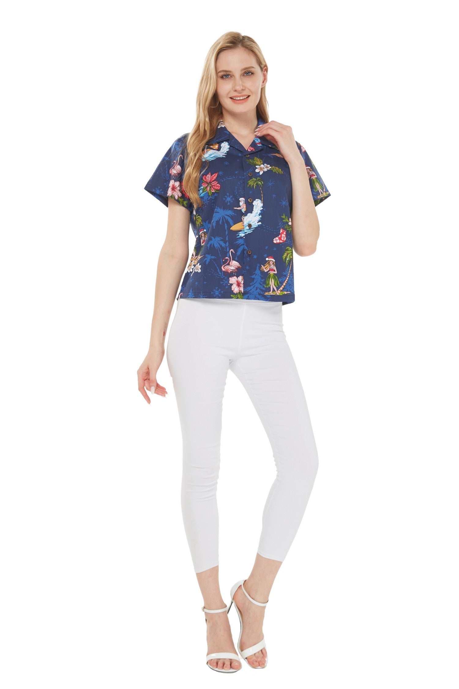 Women's Lady Aloha Shirt in Christmas Navy