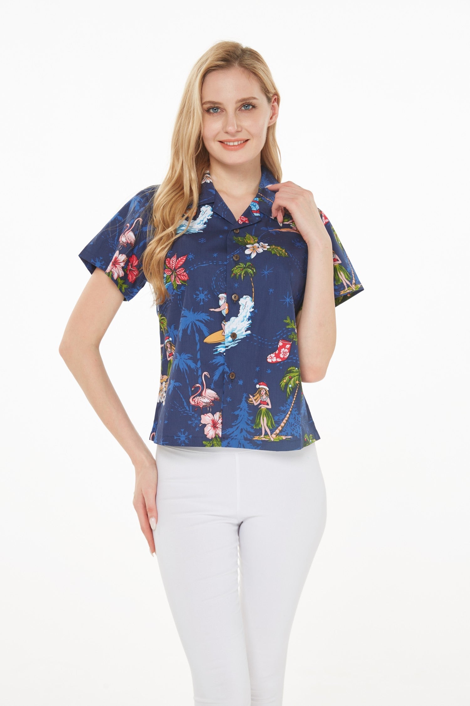 Women's Lady Aloha Shirt in Christmas Navy