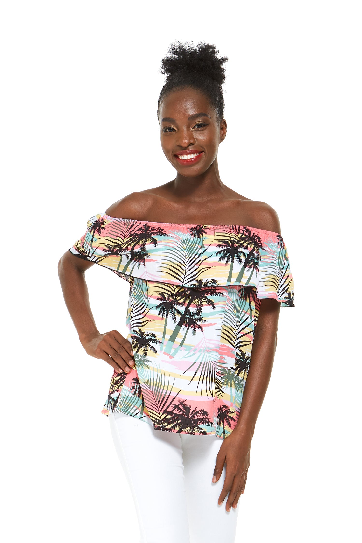 Women's Off the Shoulder Top in Sunset Neon Pastel