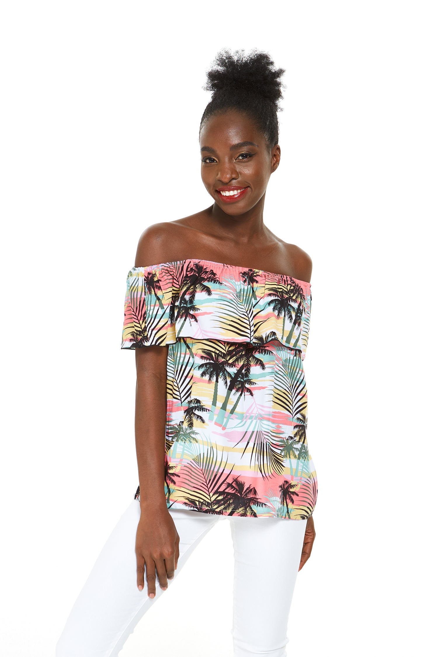 Women's Off the Shoulder Top in Sunset Neon Pastel