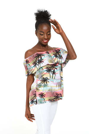 Women's Off the Shoulder Top in Sunset Neon Pastel