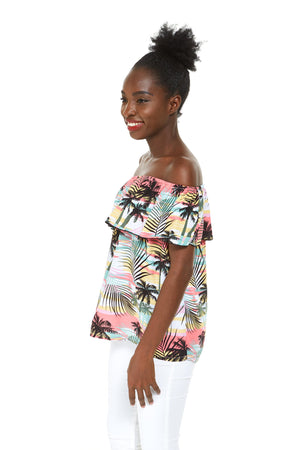 Women's Off the Shoulder Top in Sunset Neon Pastel