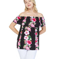 Women's Off the Shoulder Top in Pink Black Hibiscus Vine