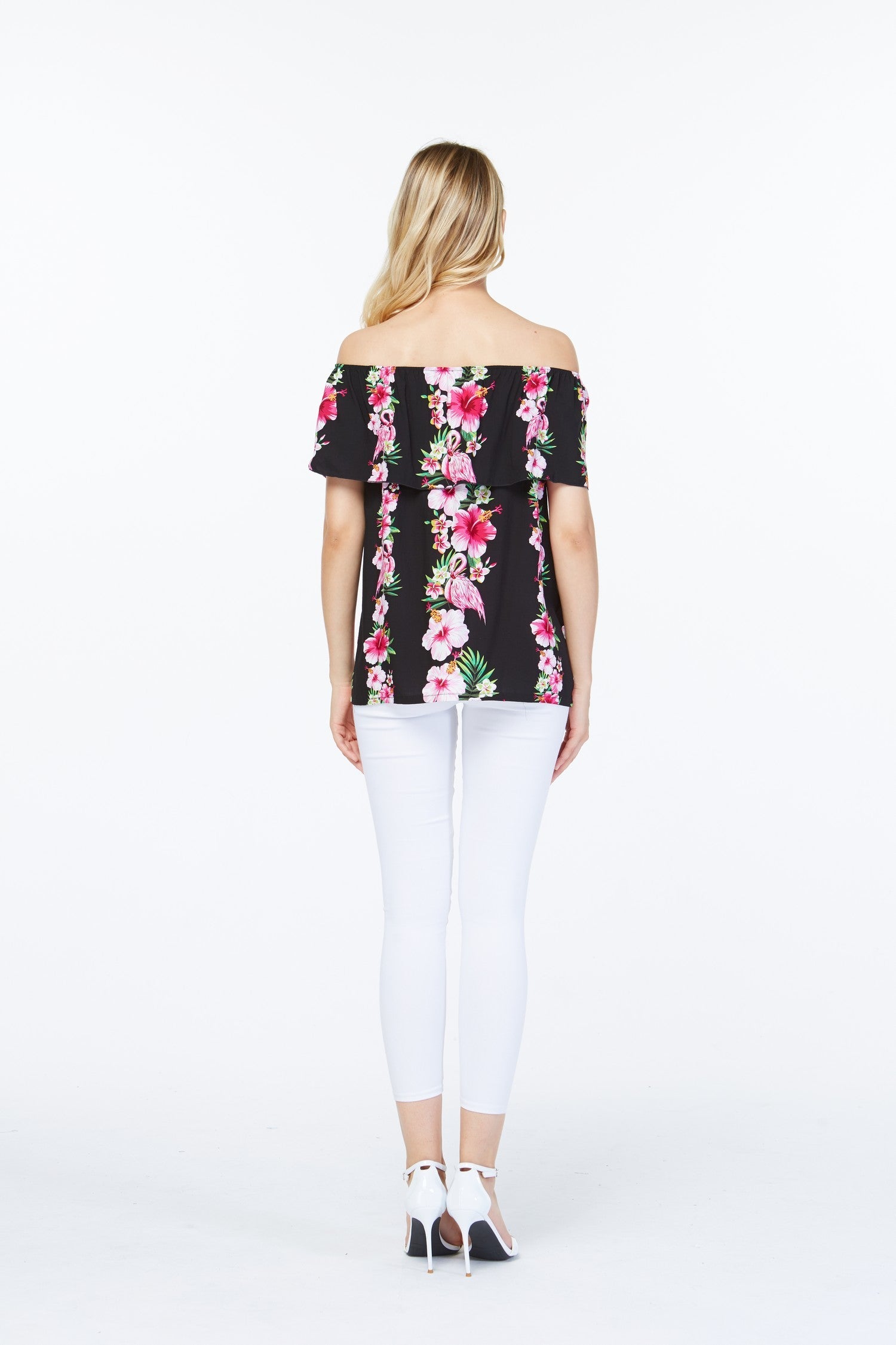 Women's Off the Shoulder Top in Pink Black Hibiscus Vine