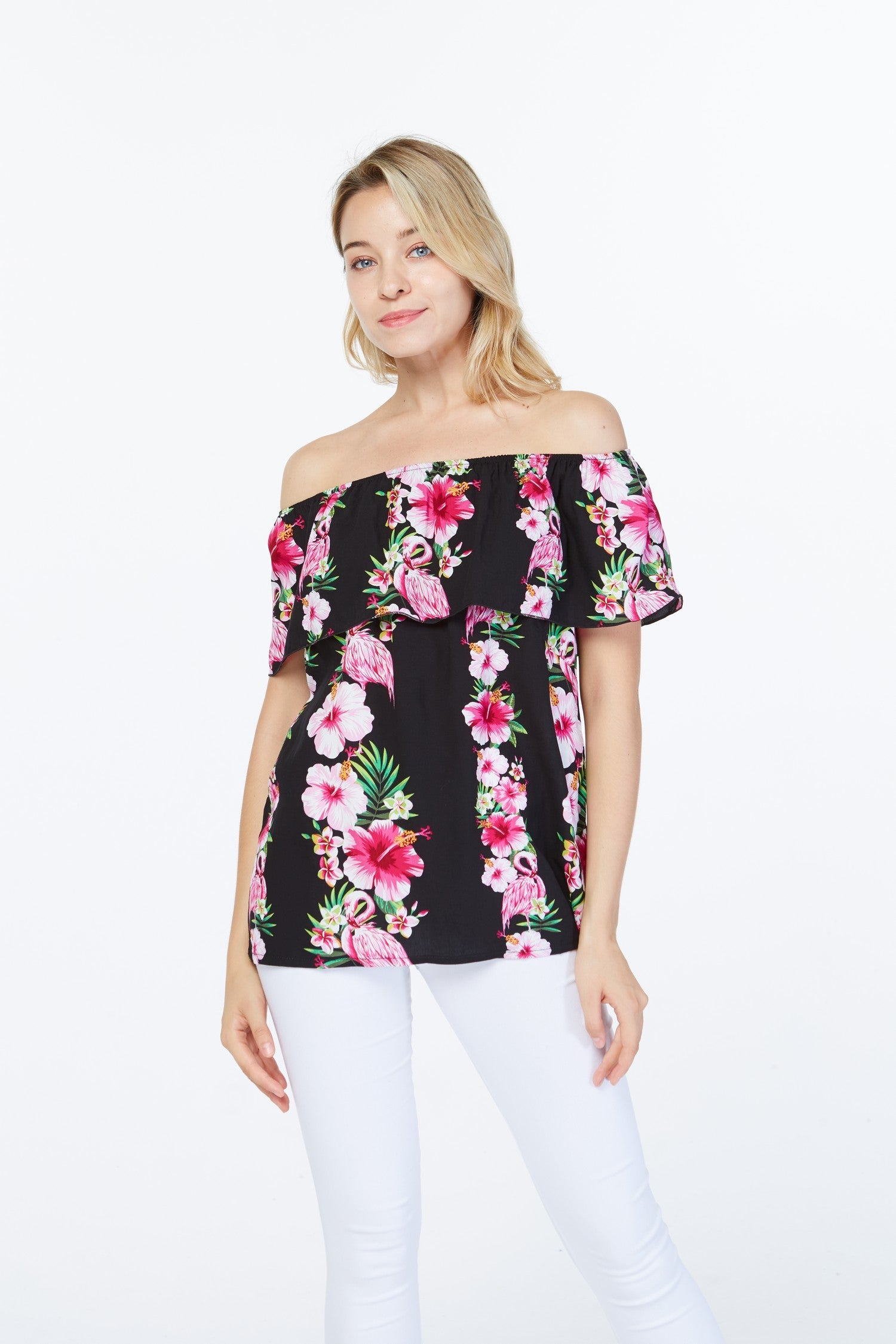 Women's Off the Shoulder Top in Pink Black Hibiscus Vine