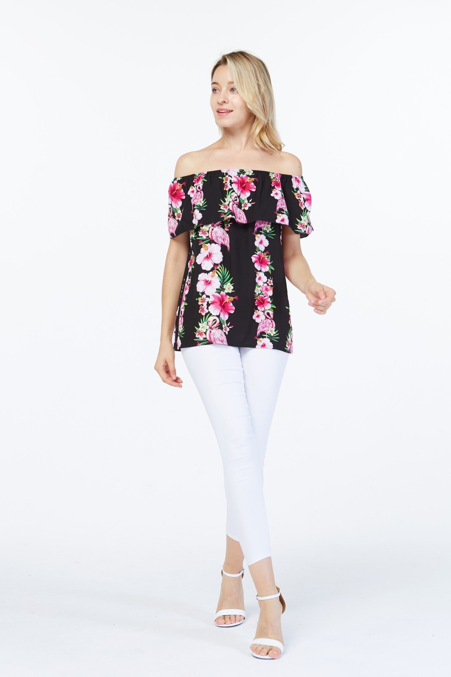 Women's Off the Shoulder Top in Pink Black Hibiscus Vine