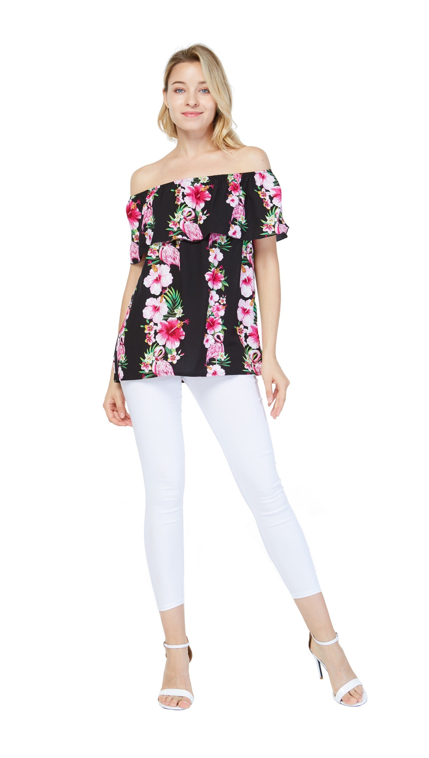 Women's Off the Shoulder Top in Pink Black Hibiscus Vine