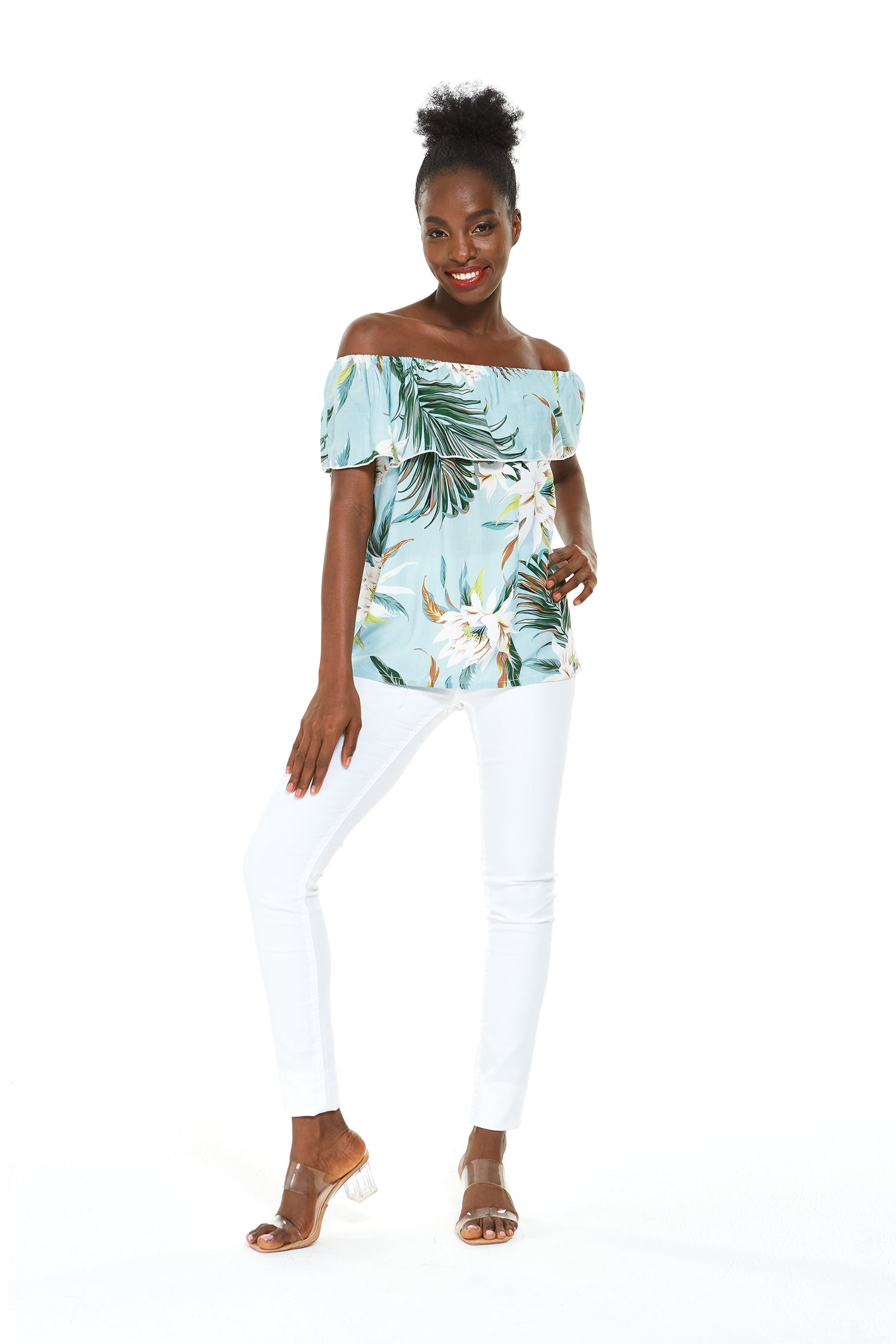 Women's Off the Shoulder Top in Wispy Cereus Light Blue