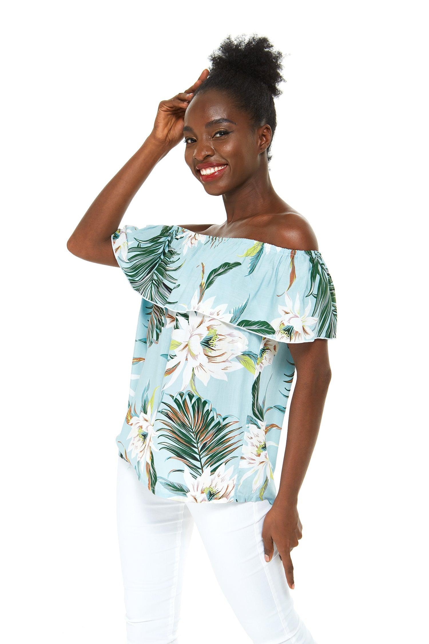 Women's Off the Shoulder Top in Wispy Cereus Light Blue