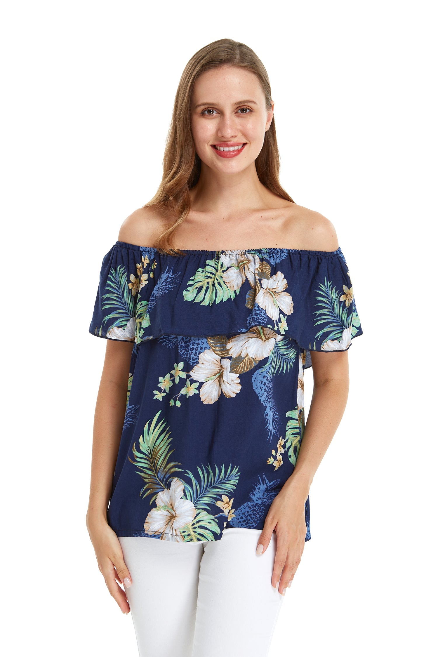 Women's Off the Shoulder Top in Pineapple Garden Navy