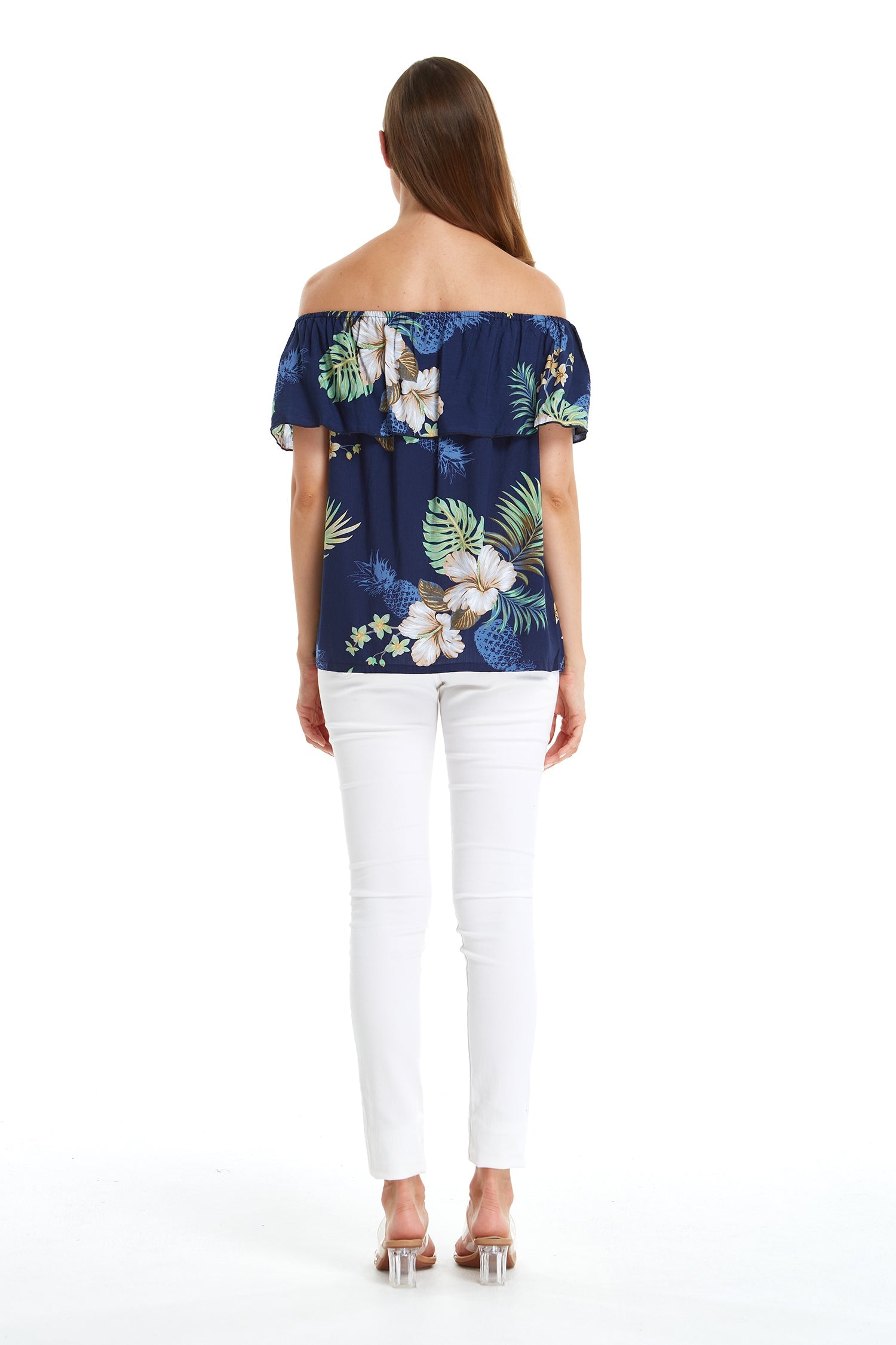Women's Off the Shoulder Top in Pineapple Garden Navy