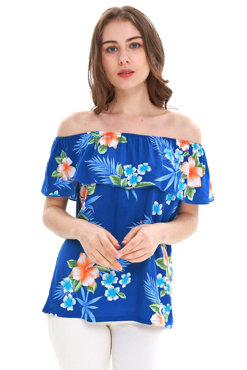 Women's Off the Shoulder Top in Hibiscus Blue