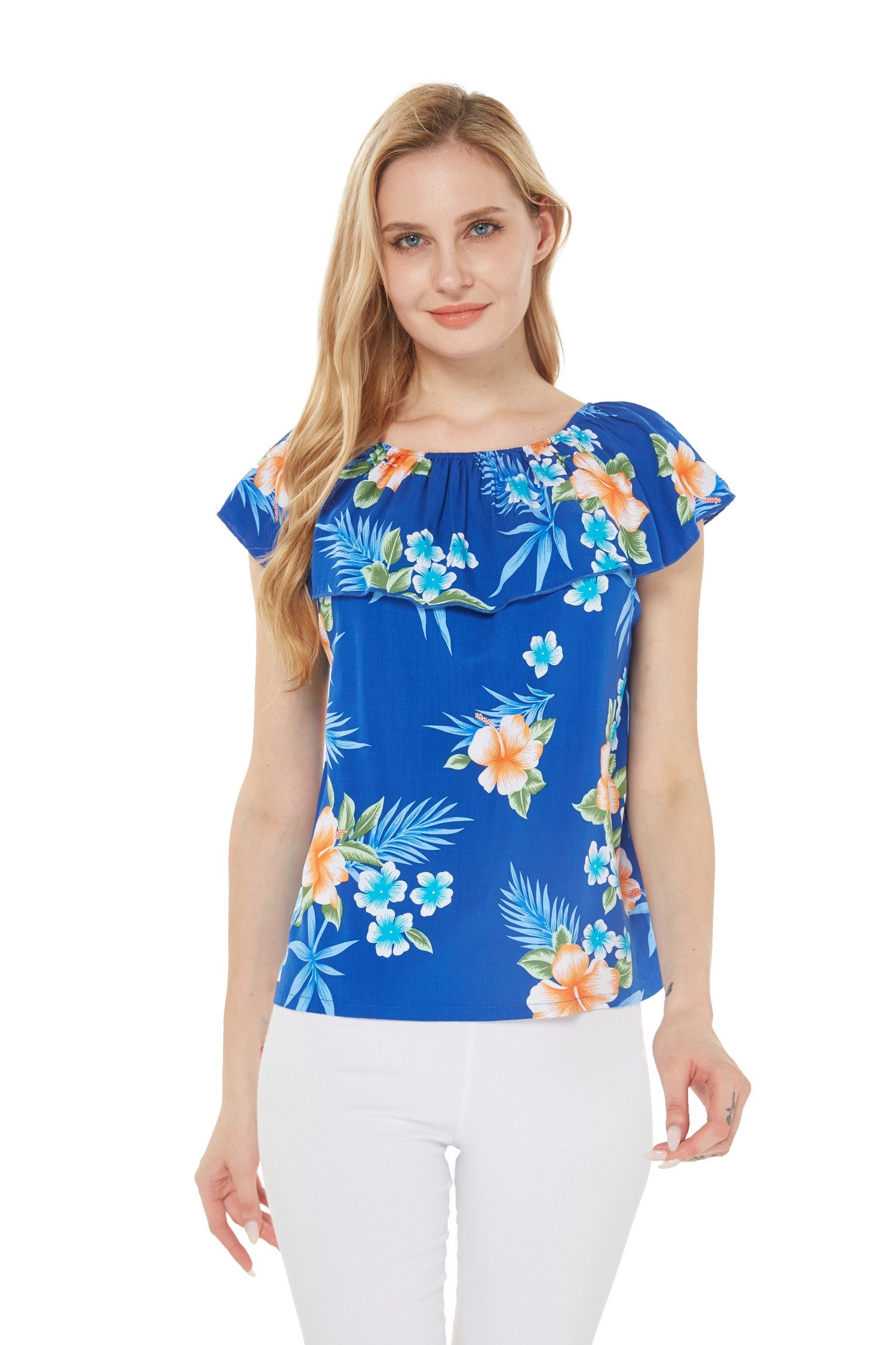 Women's Off the Shoulder Top in Hibiscus Blue