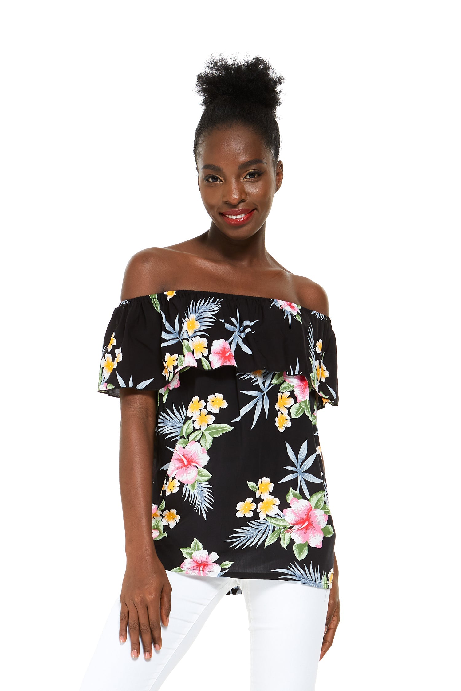 Women's Off the Shoulder Top in Hibiscus Black