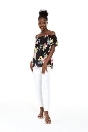 Women's Off the Shoulder Top in Hibiscus Black