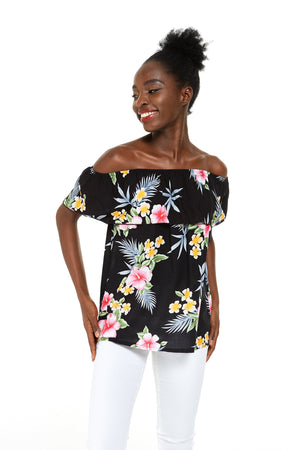 Women's Off the Shoulder Top in Hibiscus Black