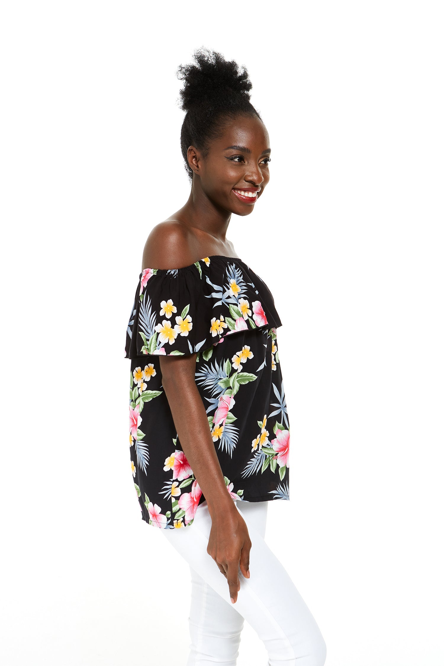 Women's Off the Shoulder Top in Hibiscus Black