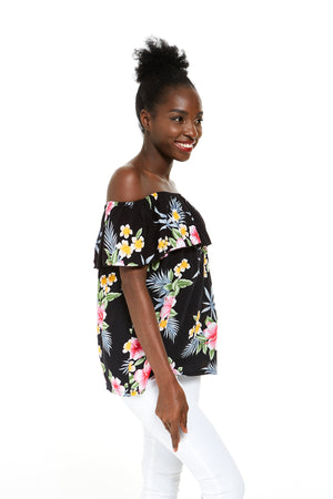 Women's Off the Shoulder Top in Hibiscus Black