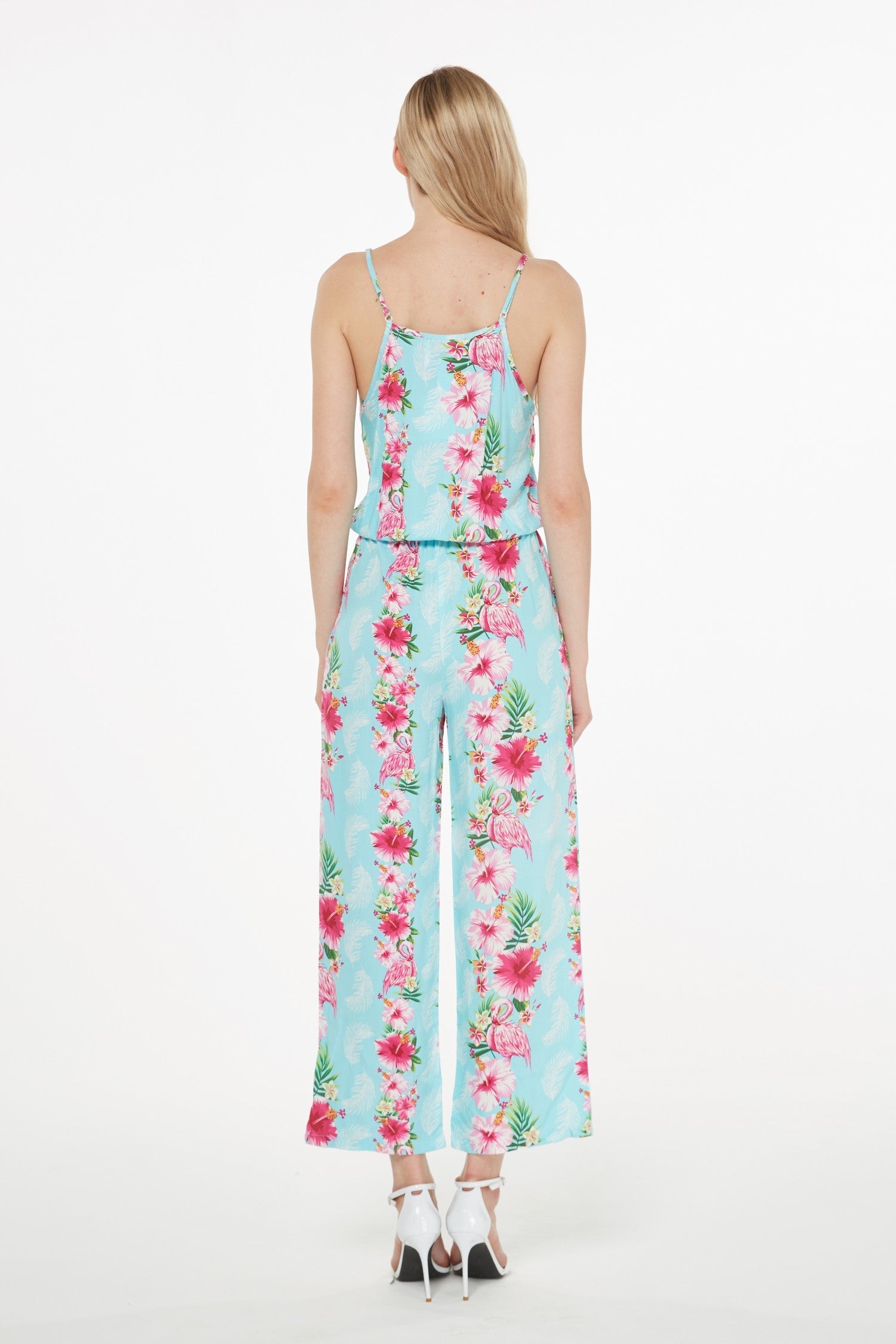 Women's Strap V with Pockets Jumpsuit  in Pink Turquoise Hibiscus Vine