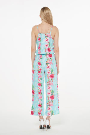 Women's Strap V with Pockets Jumpsuit  in Pink Turquoise Hibiscus Vine