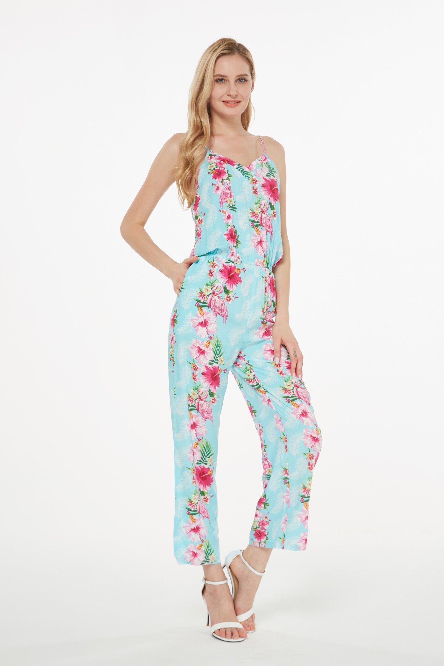 Women's Strap V with Pockets Jumpsuit  in Pink Turquoise Hibiscus Vine