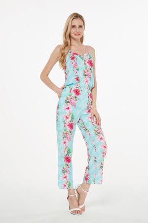 Women's Strap V with Pockets Jumpsuit  in Pink Turquoise Hibiscus Vine