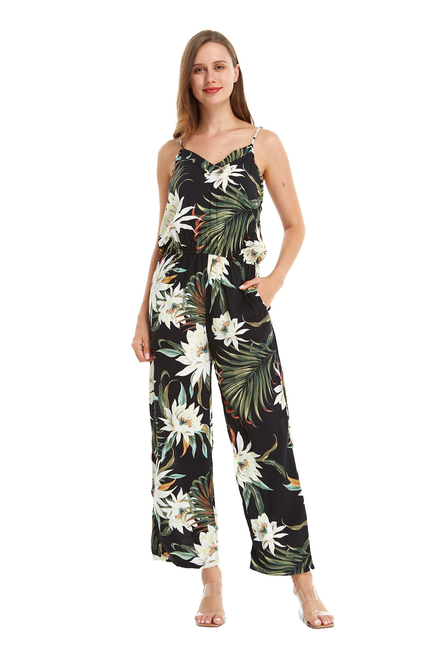 Women's Strap V with Pockets Jumpsuit in Wispy Cereus Black