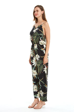 Women's Strap V with Pockets Jumpsuit in Wispy Cereus Black