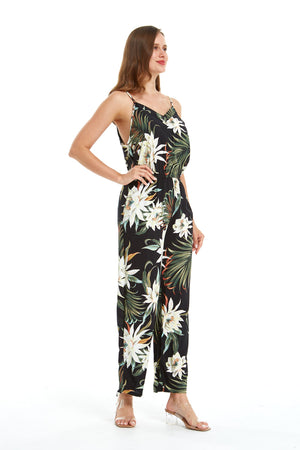 Women's Strap V with Pockets Jumpsuit in Wispy Cereus Black