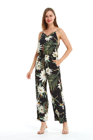 Women's Strap V with Pockets Jumpsuit in Wispy Cereus Black