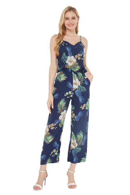 Women's Strap V with Pockets Jumpsuit  in Pineapple Garden Navy