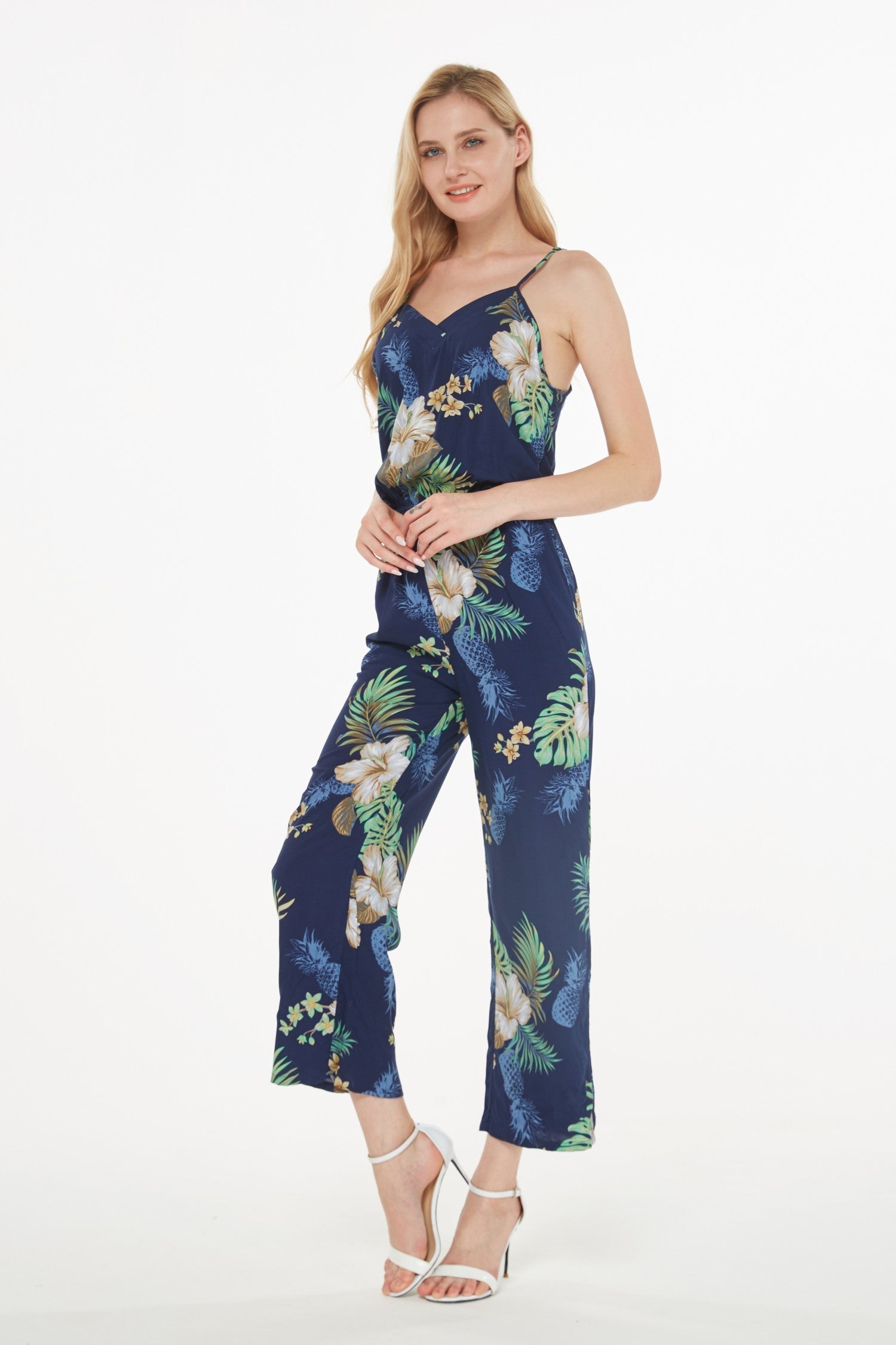 Women's Strap V with Pockets Jumpsuit  in Pineapple Garden Navy
