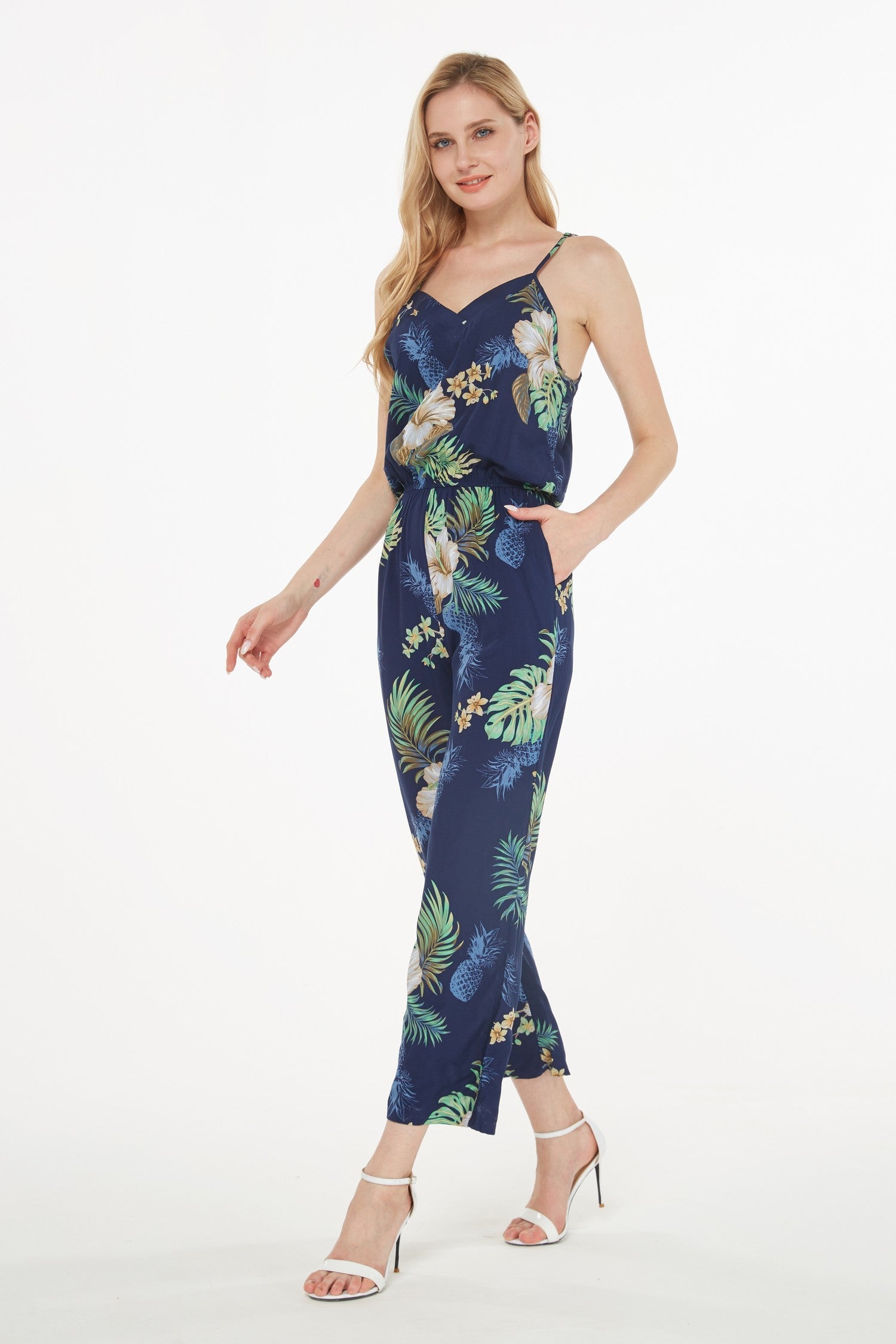 Women's Strap V with Pockets Jumpsuit  in Pineapple Garden Navy
