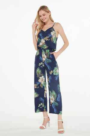 Women's Strap V with Pockets Jumpsuit  in Pineapple Garden Navy