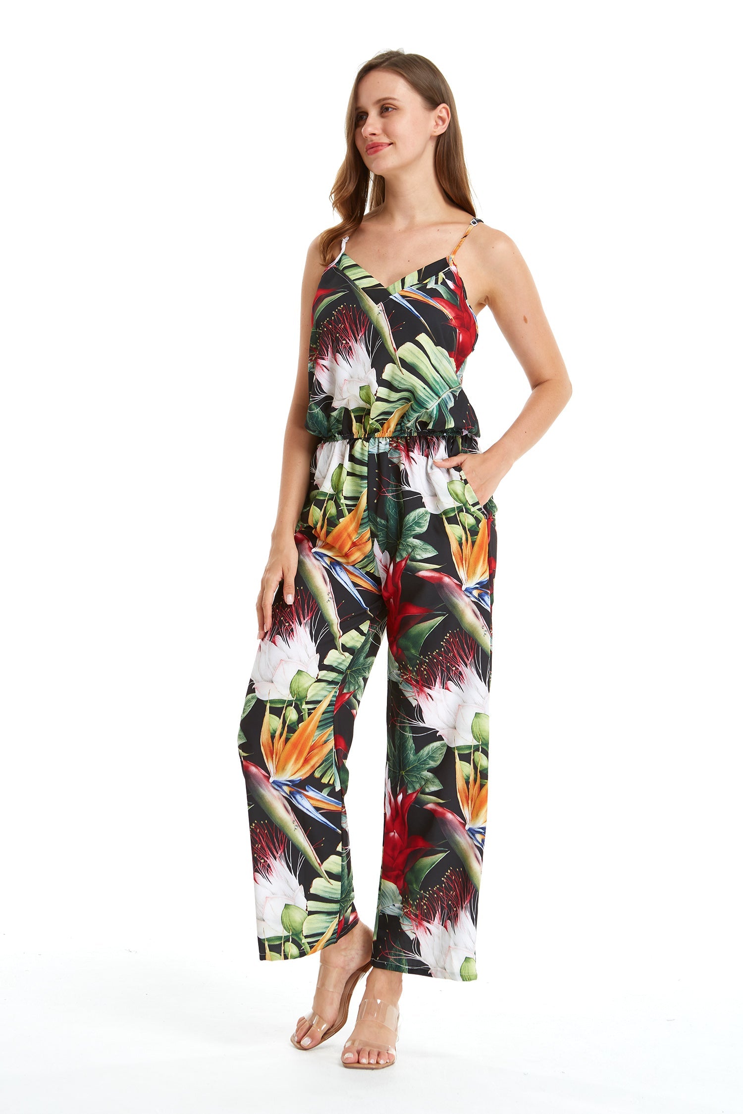 Women's Strap V with Pockets Jumpsuit in Tropical Twilight