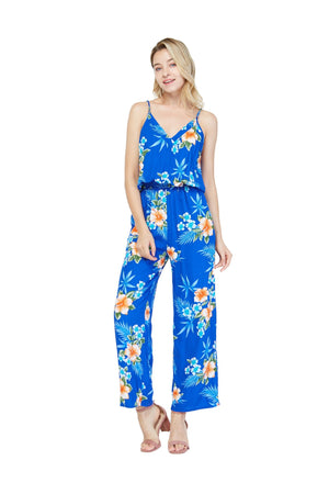 Women's Strap V with Pockets Jumpsuit  in Hibiscus Blue