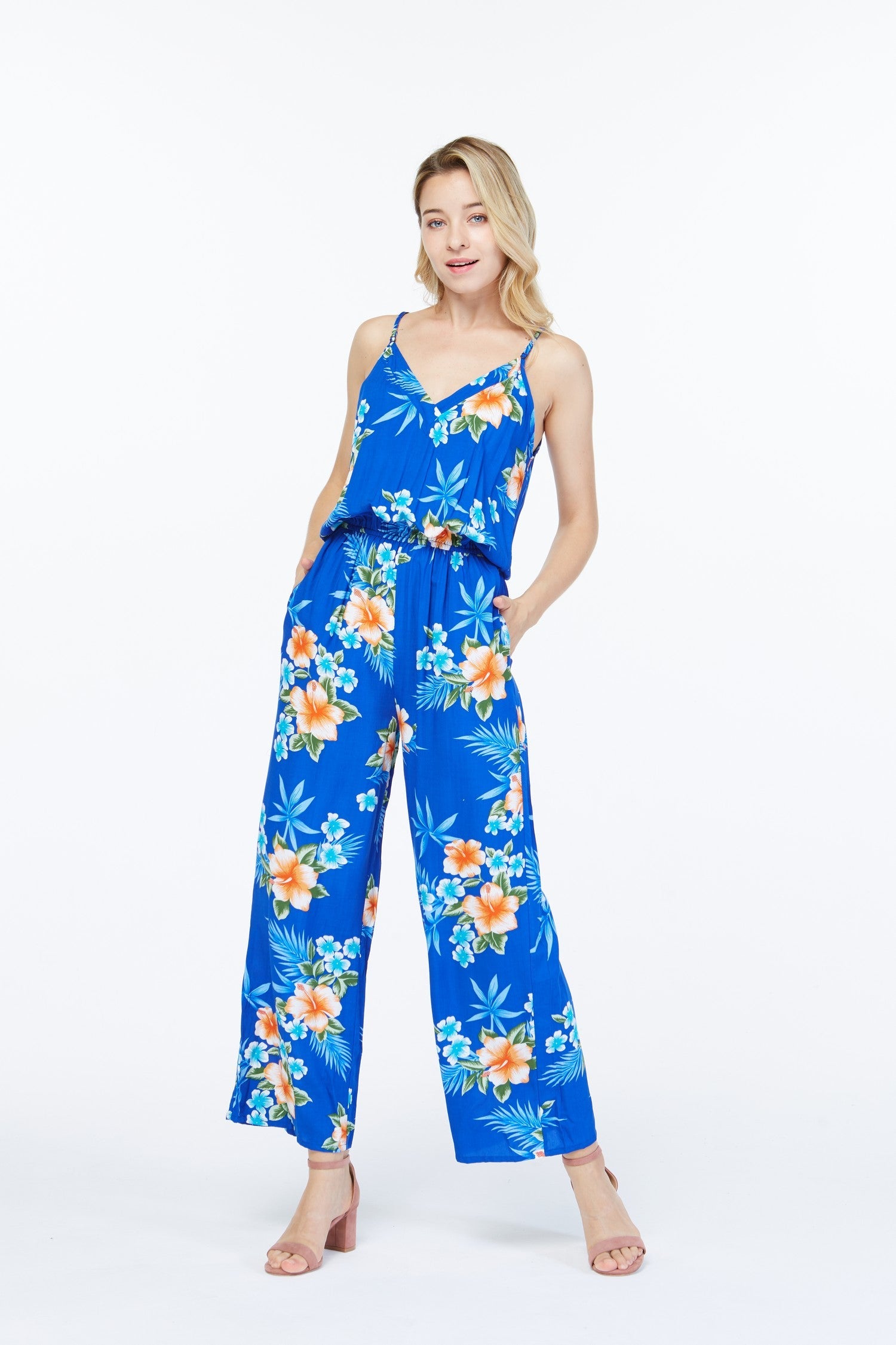 Women's Strap V with Pockets Jumpsuit  in Hibiscus Blue