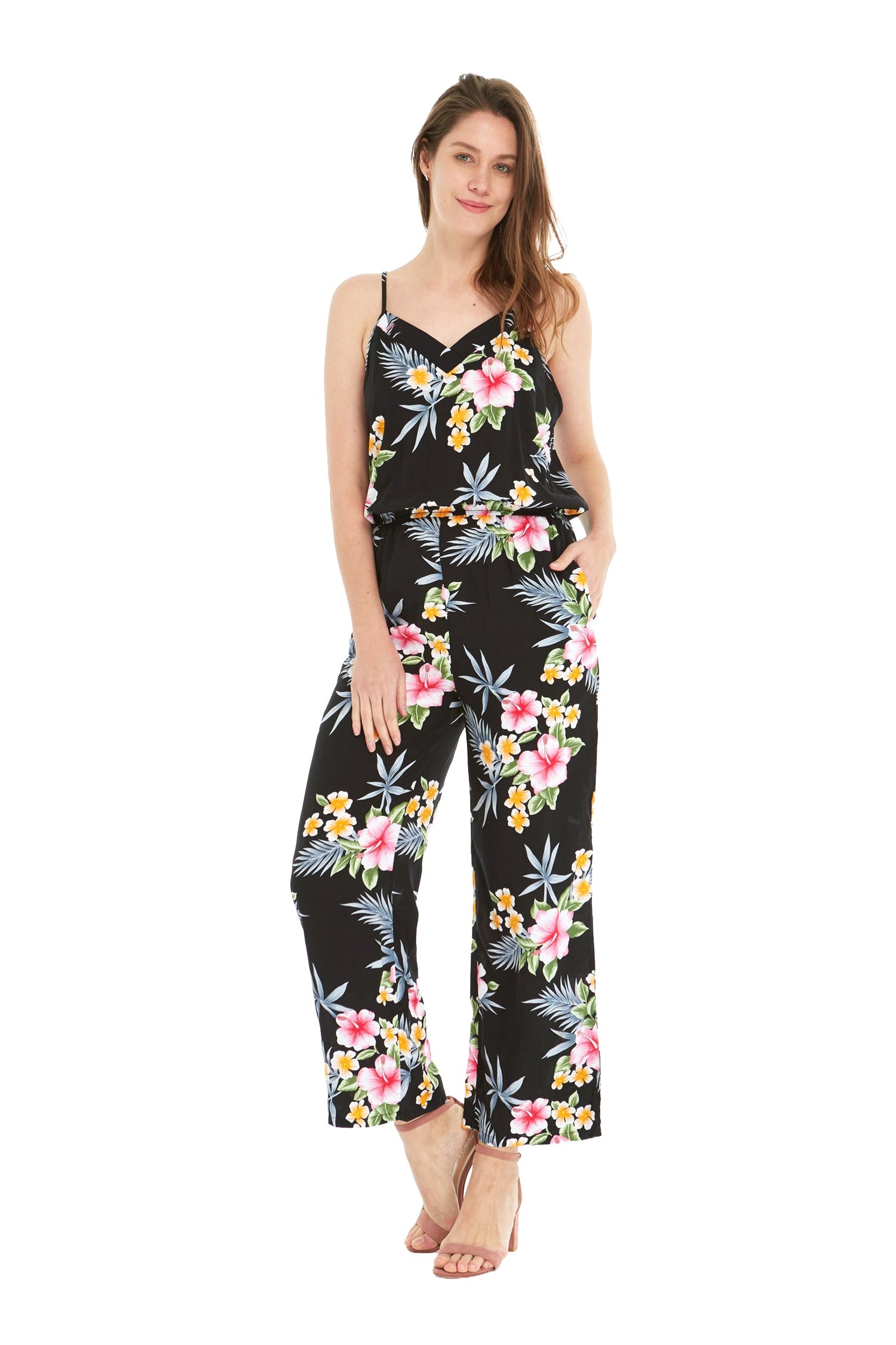 Women's Strap V with Pockets Jumpsuit in Hibiscus Black