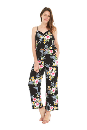 Women's Strap V with Pockets Jumpsuit in Hibiscus Black